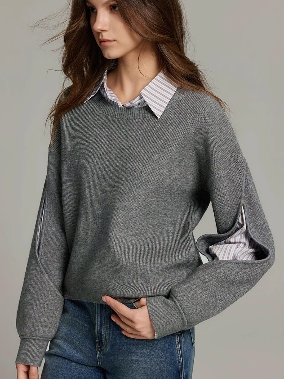Grey layered shirt crew neck jumper