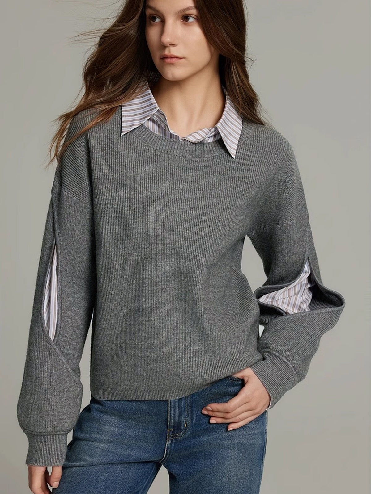 Layered shirt crew neck jumper