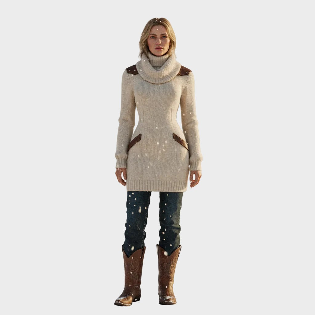 Leather-trim cowl neck jumper dress