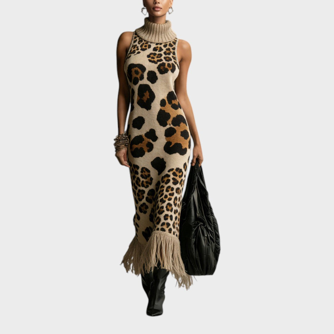 Brown leopard print knit maxi dress