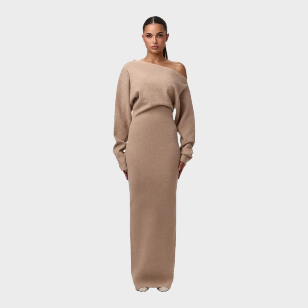 Apricot off-shoulder knit maxi dress