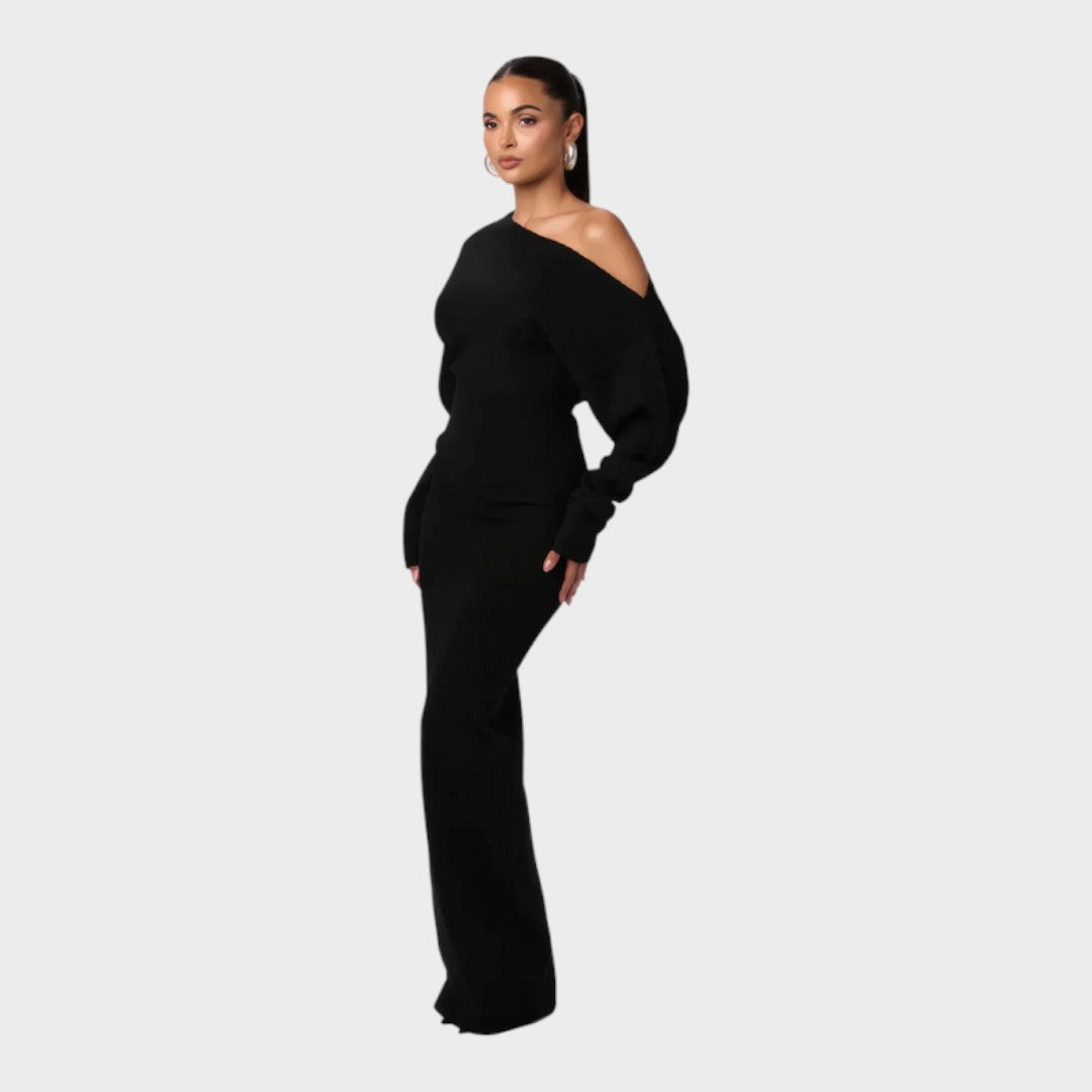 Black off-shoulder knit maxi dress