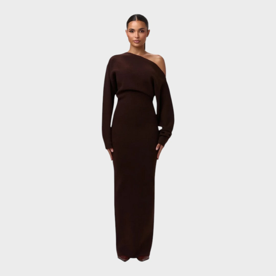 Coffee off-shoulder knit maxi dress