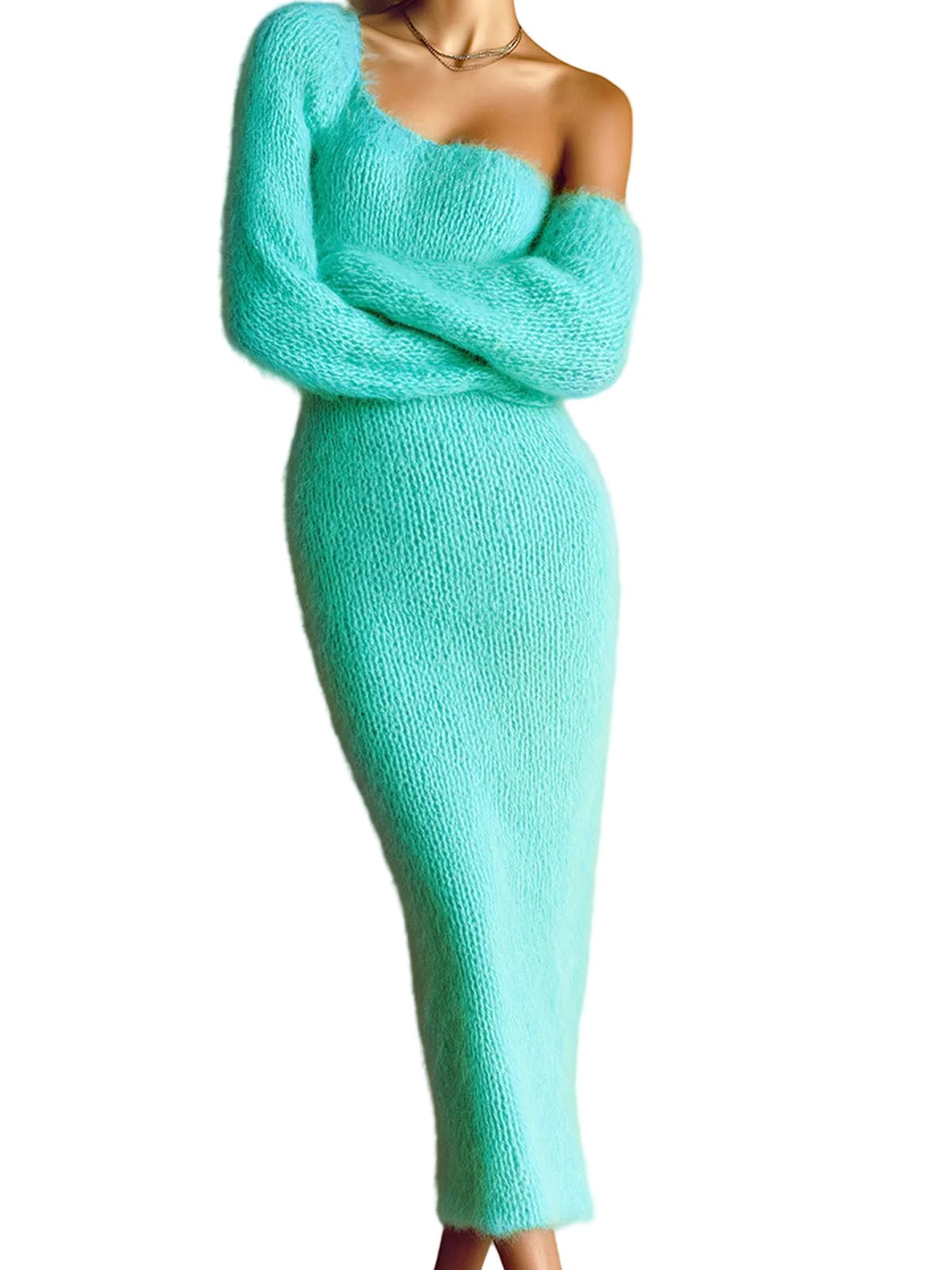 One-shoulder mohair knit maxi dress
