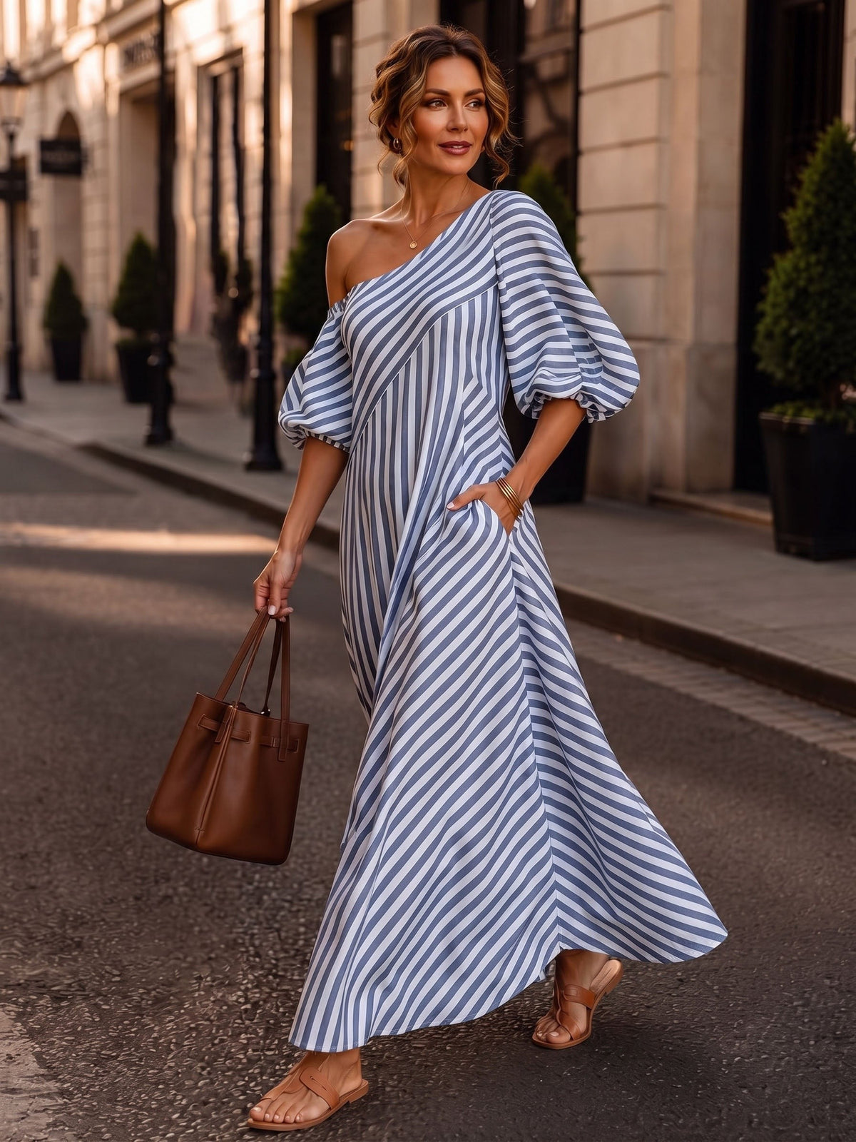 One-shoulder striped maxi dress