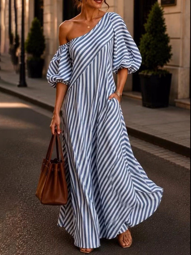 One-shoulder striped maxi dress