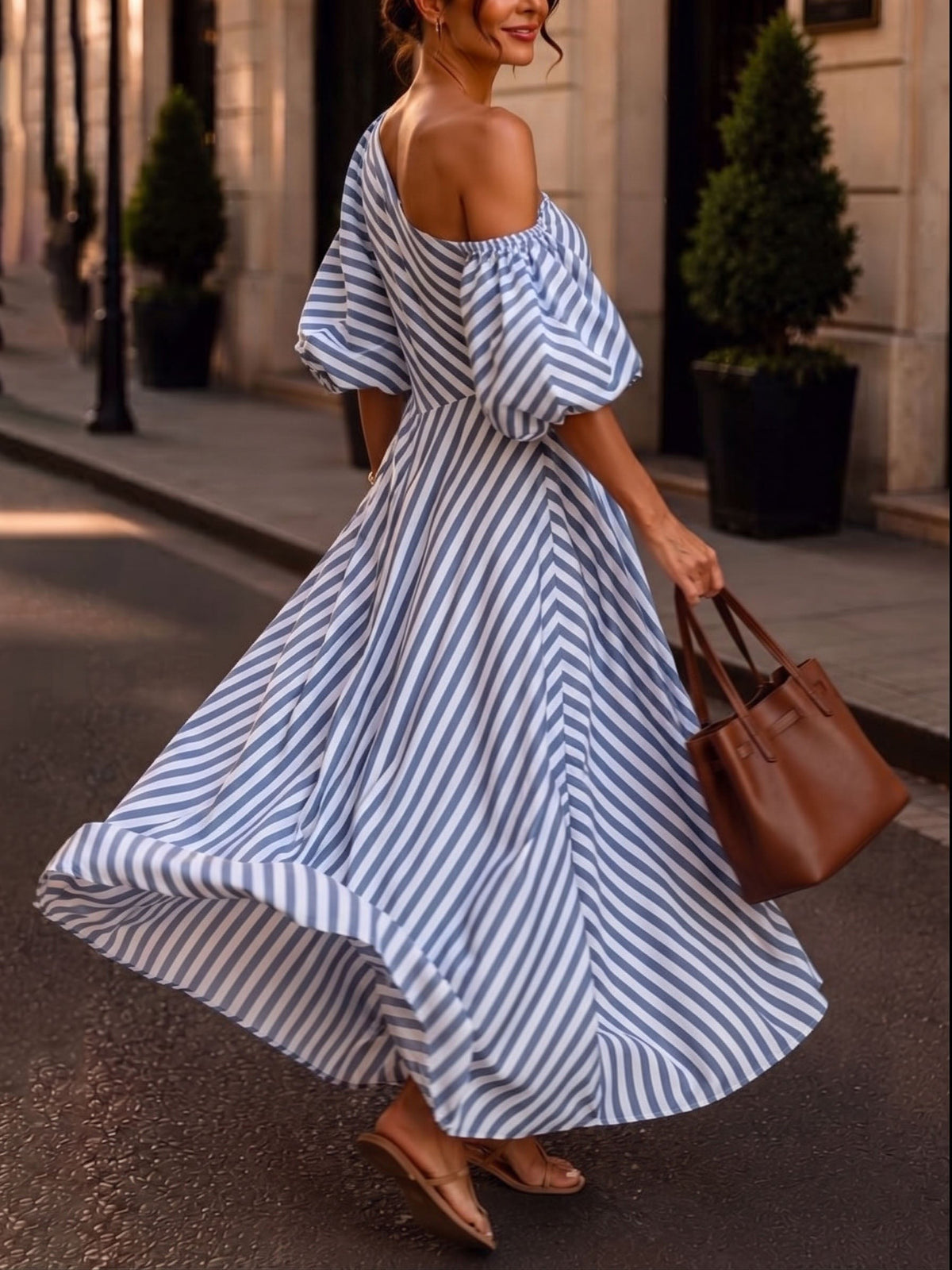 One-shoulder striped maxi dress