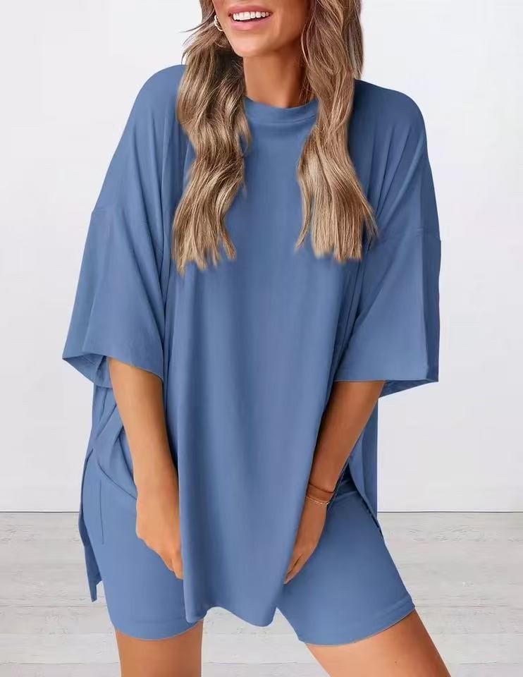 Blue oversized knit t-shirt and shorts co-ord