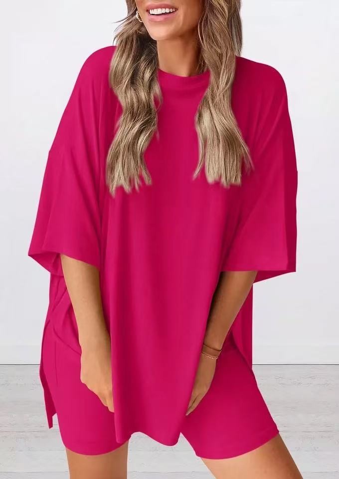 Rose Red oversized knit t-shirt and shorts co-ord