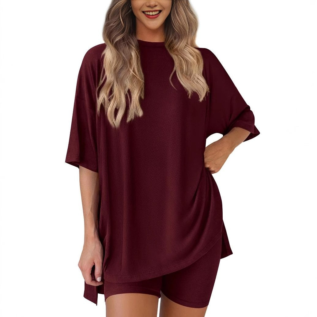 Wine Red oversized knit t-shirt and shorts co-ord