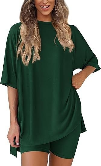 Dark Green oversized knit t-shirt and shorts co-ord