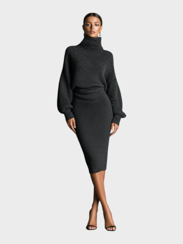 Khaki oversized roll neck knit midi dress