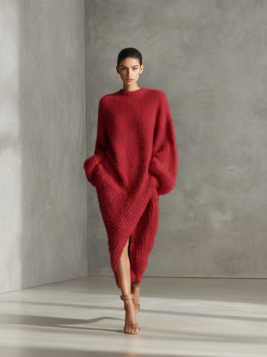 Red oversized textured knit midi dress
