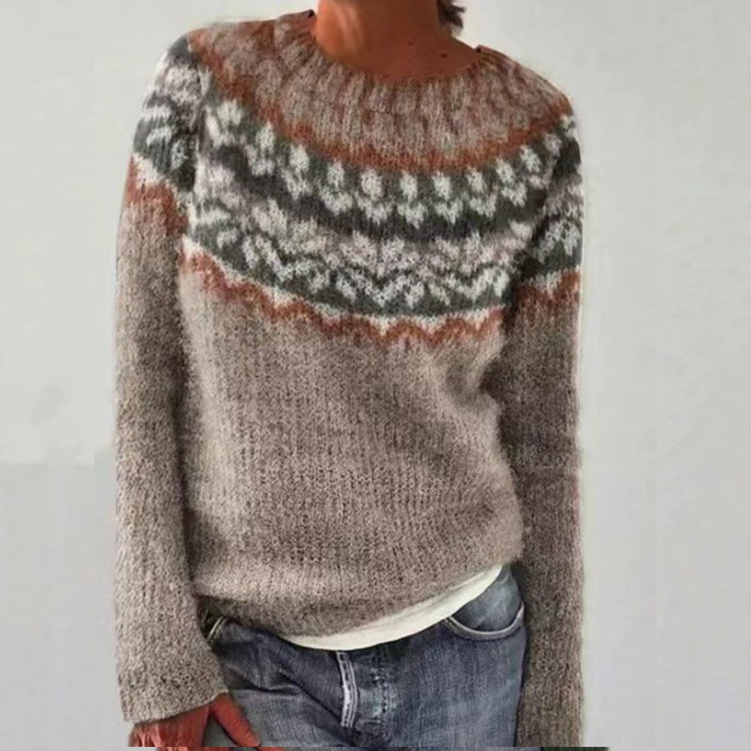 Brown/Floral patterned crew neck knit jumper
