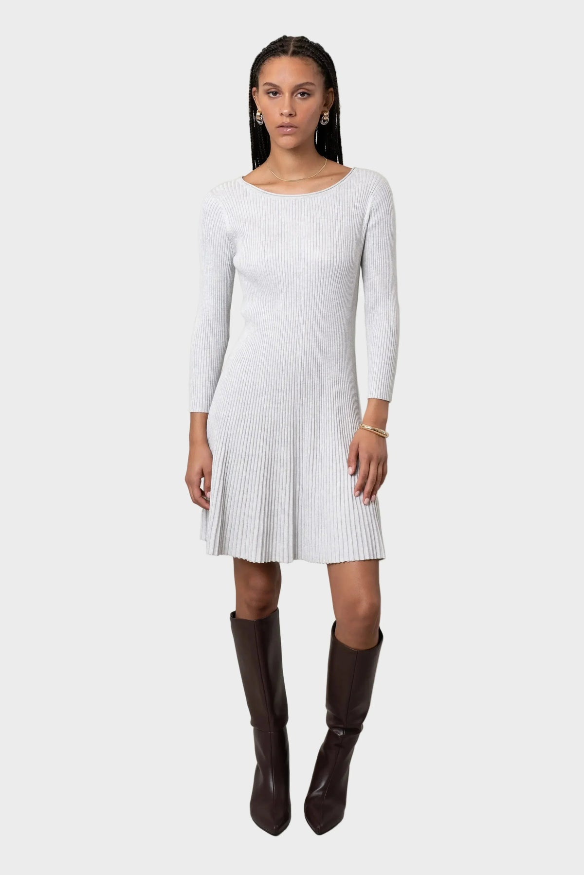 Silver Heather Grey pleated boat-neck knit dress