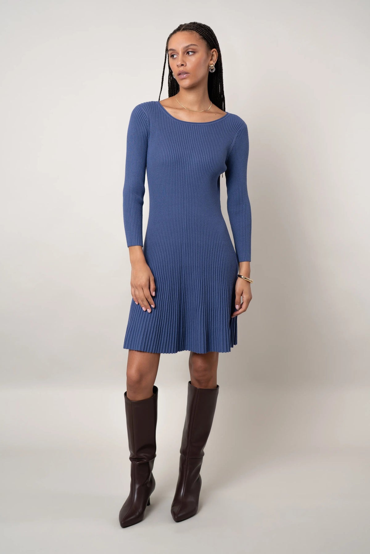 Marlin pleated boat-neck knit dress