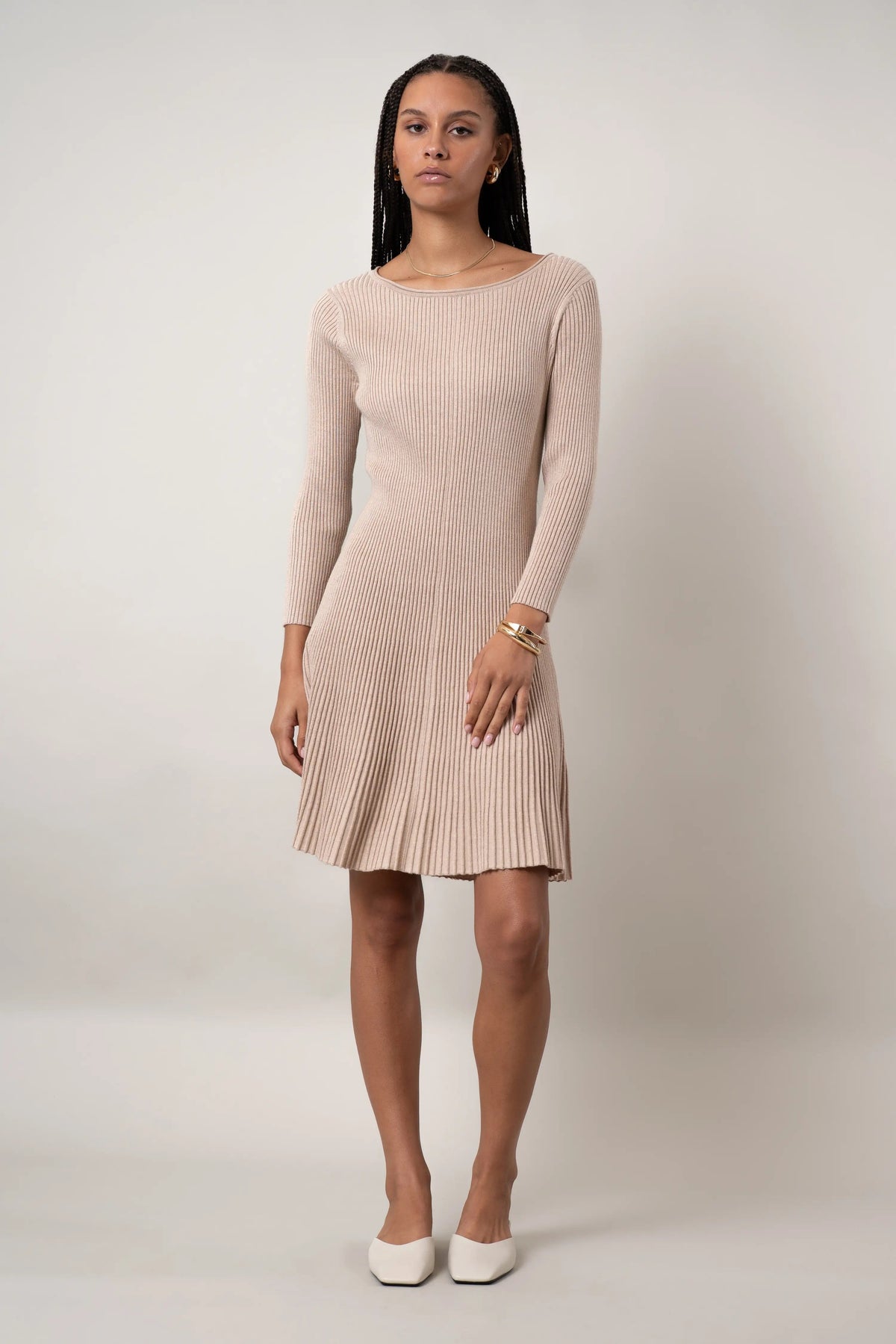 Oatmeal Cookie pleated boat-neck knit dress