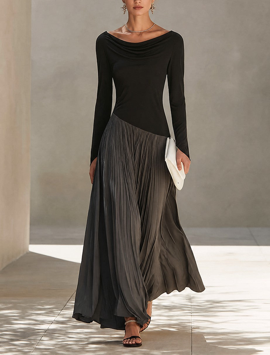 Black pleated skirt knit maxi dress
