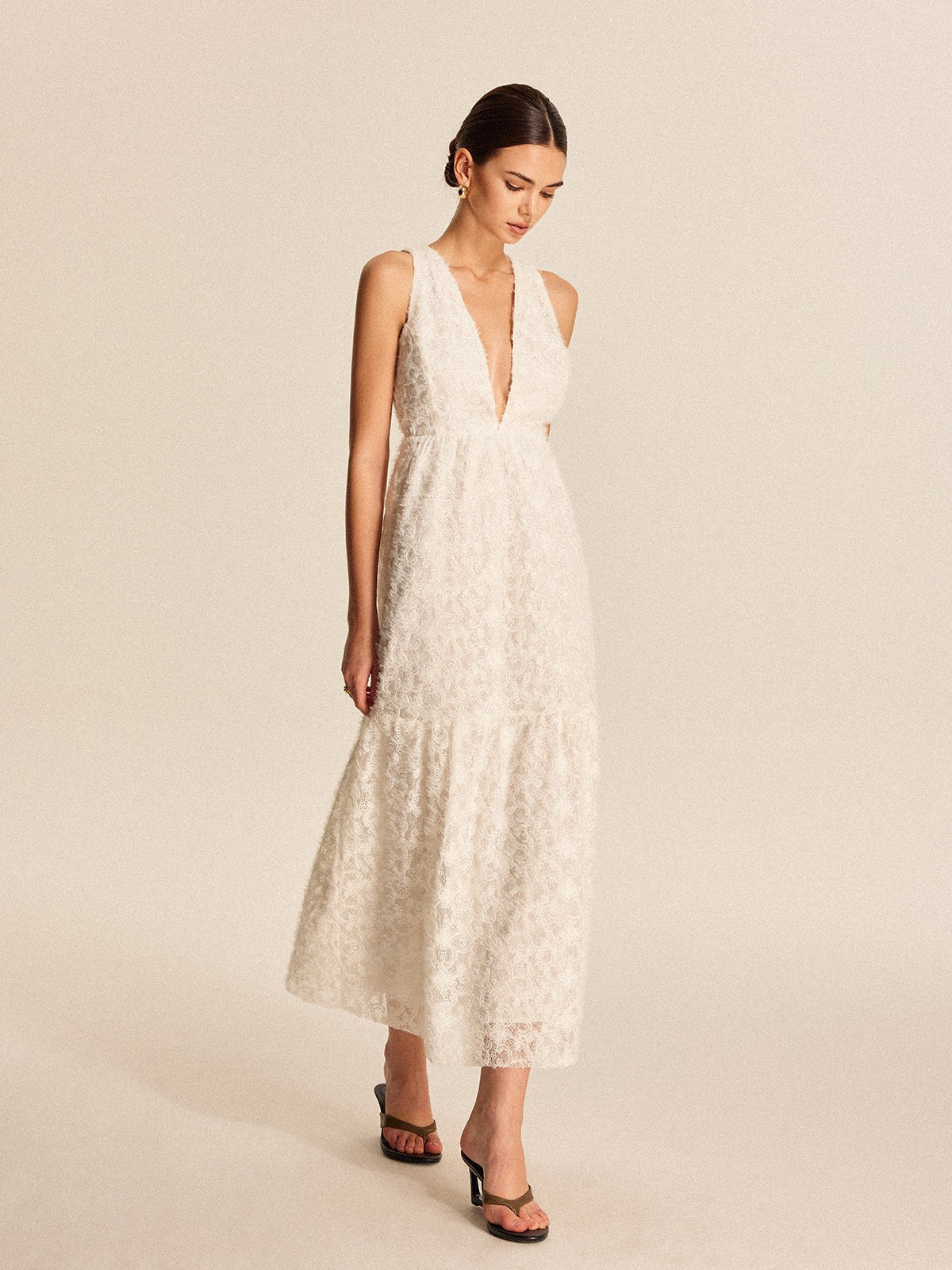 Plunge sleeveless textured maxi dress
