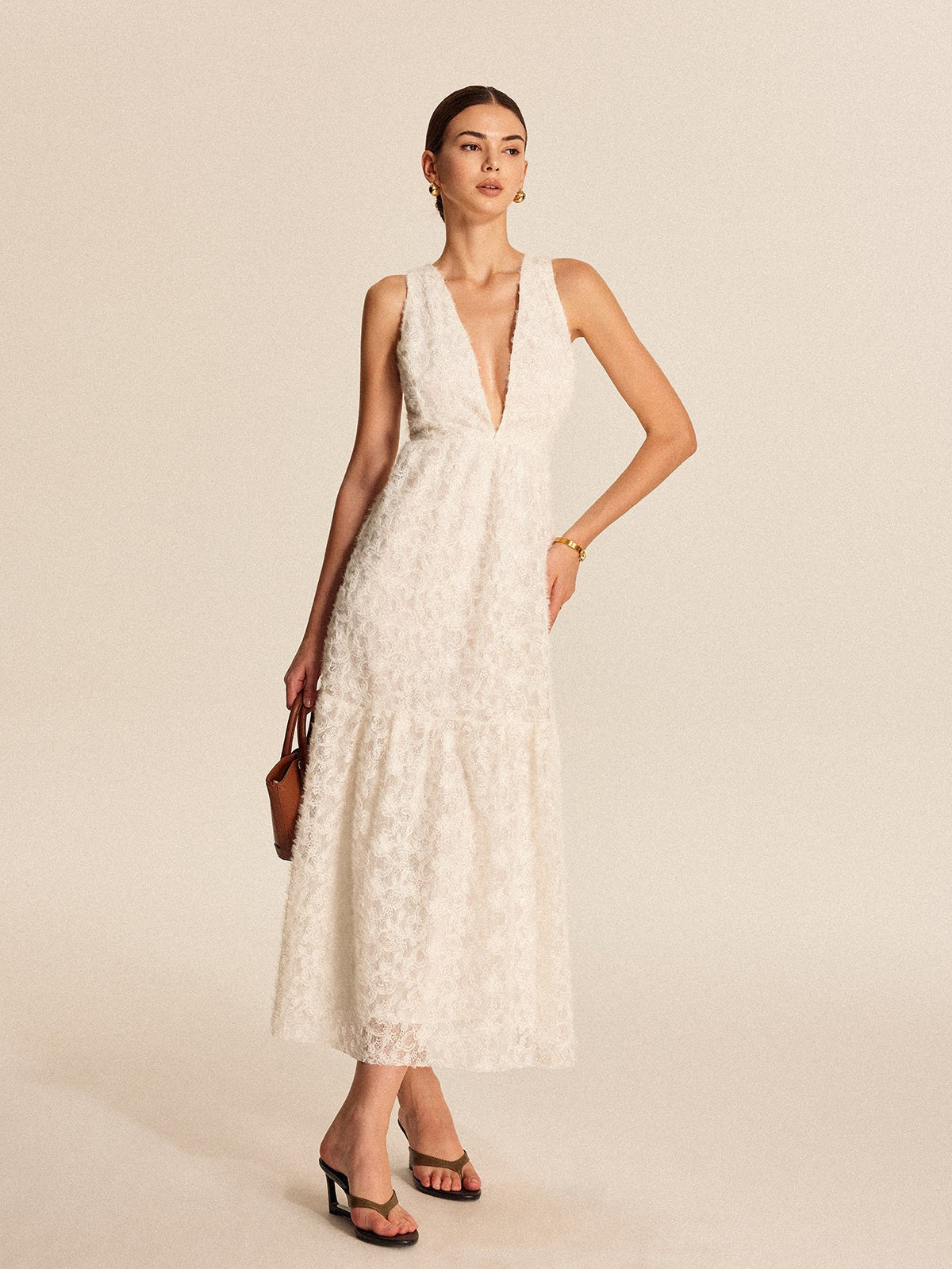 Plunge sleeveless textured maxi dress