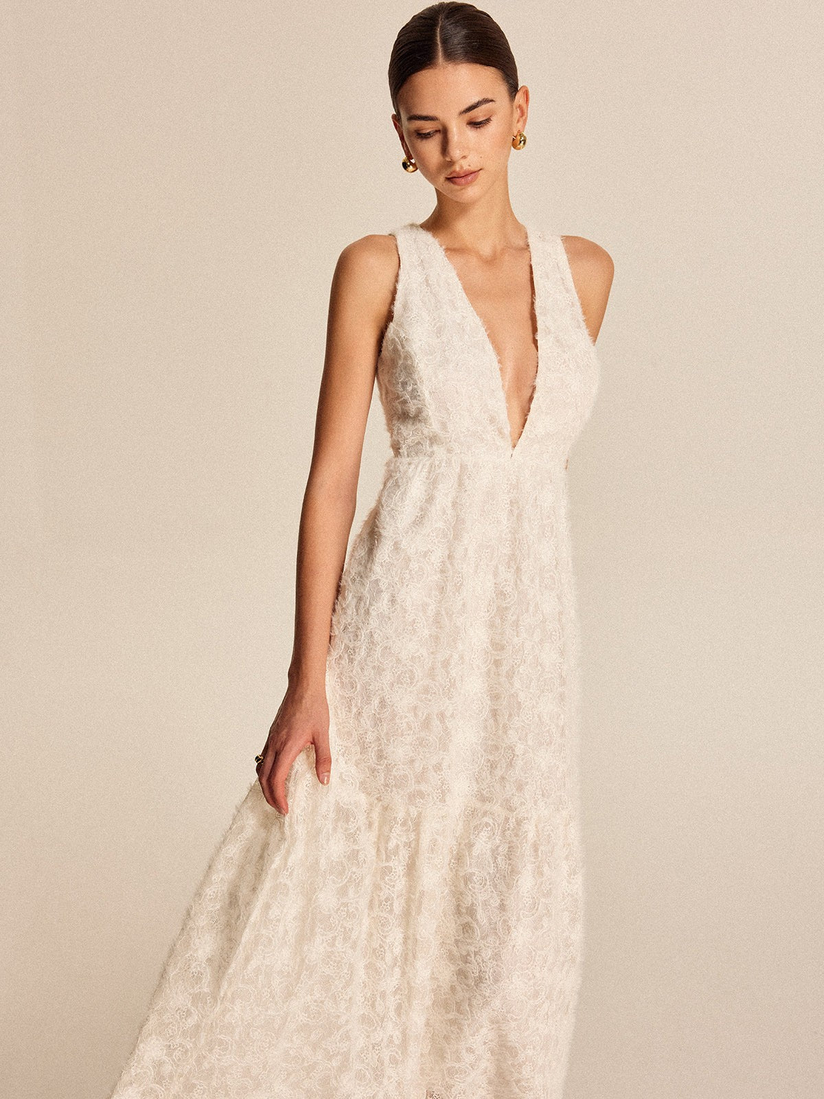 Plunge sleeveless textured maxi dress