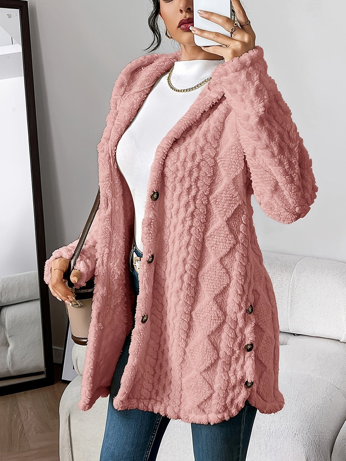 Pink plush hooded longline cardigan