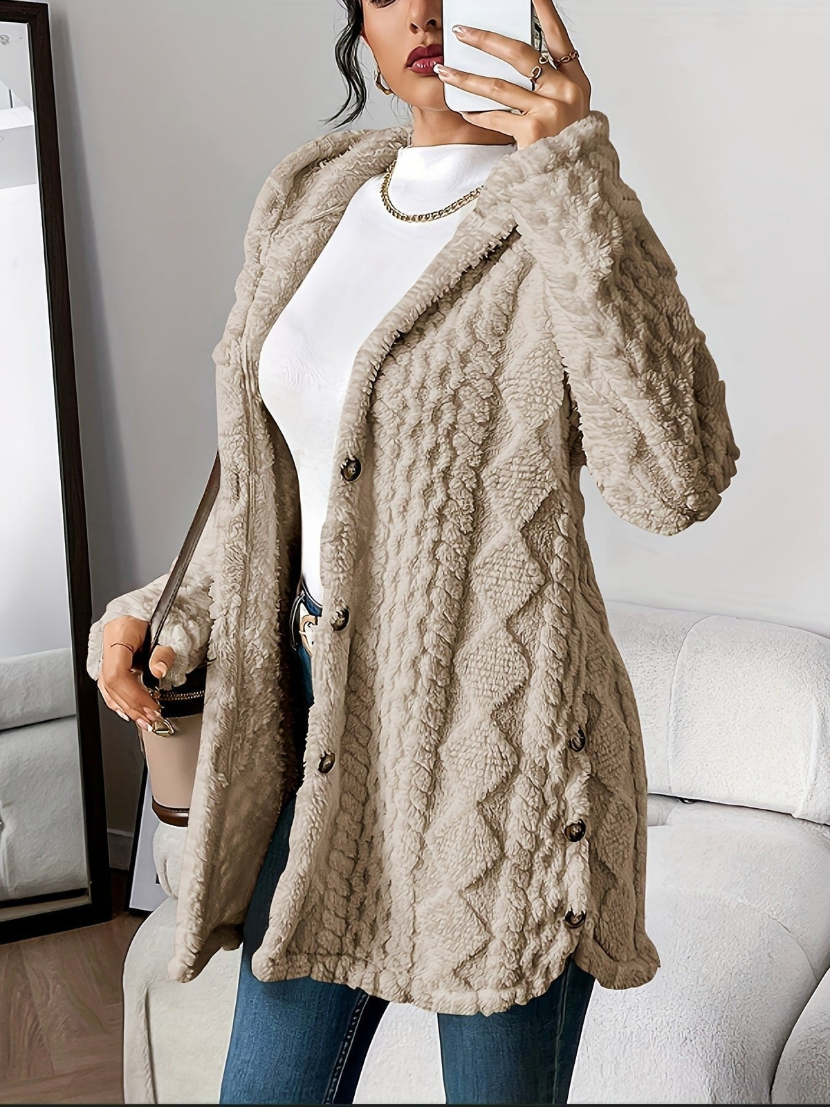 Khaki plush hooded longline cardigan