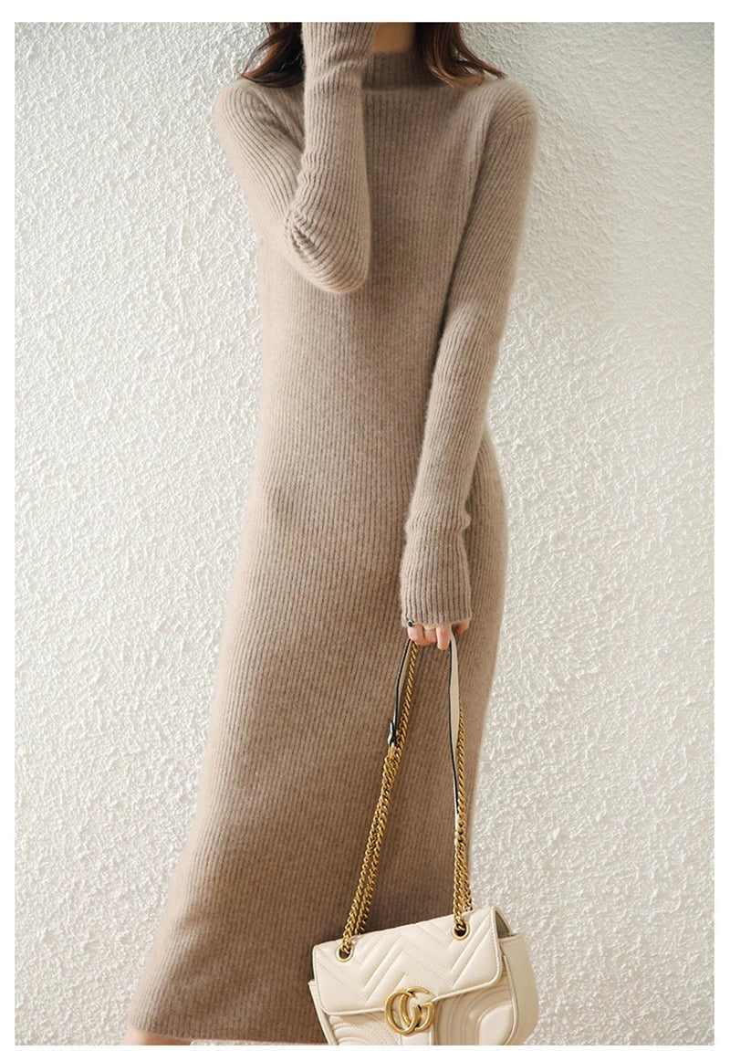 Ribbed mock neck wool midi dress