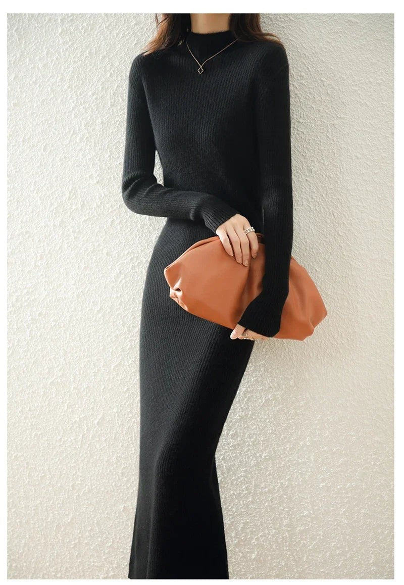 Ribbed mock neck wool midi dress