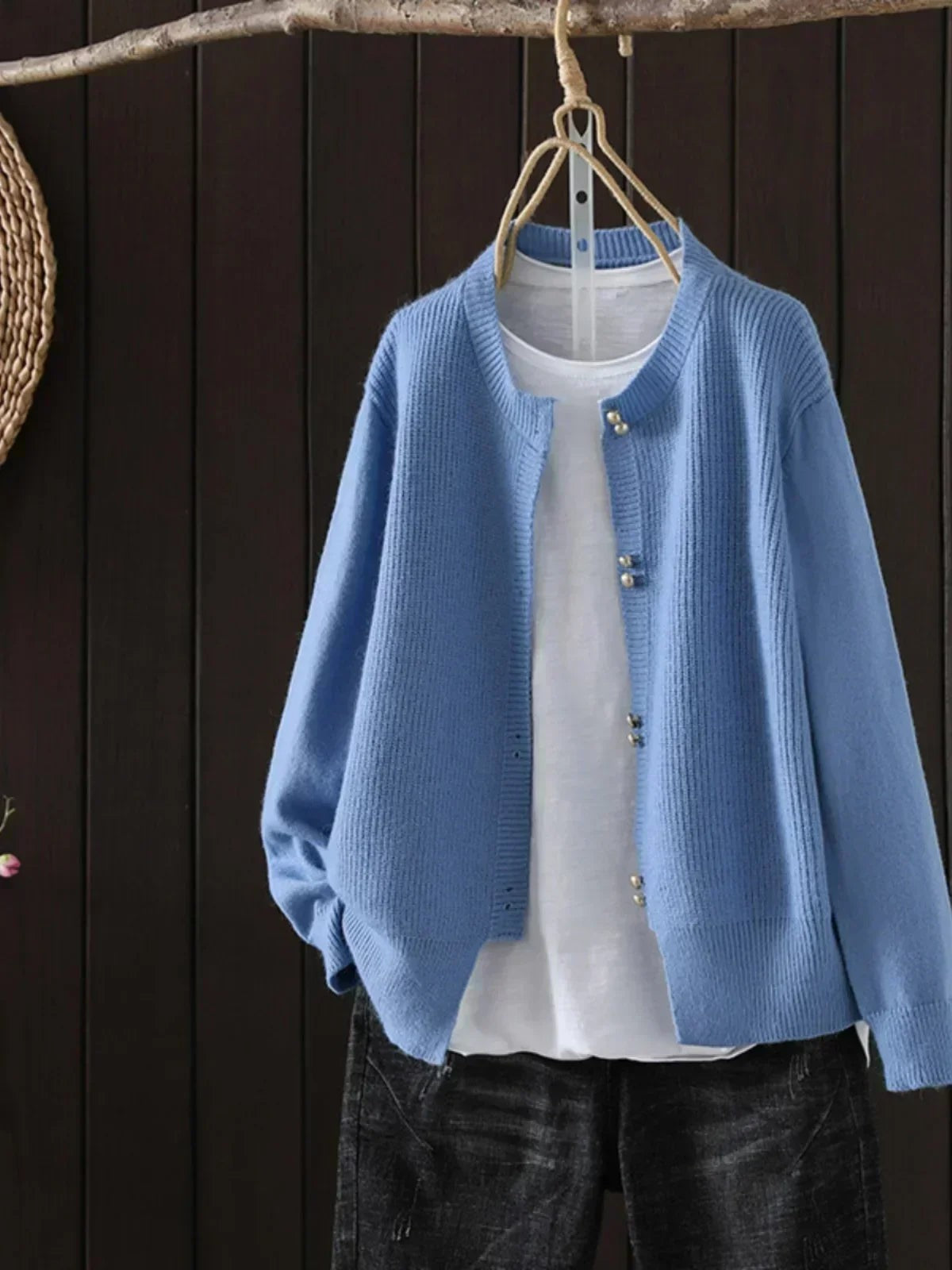 Blue ribbed pearl button cardigan