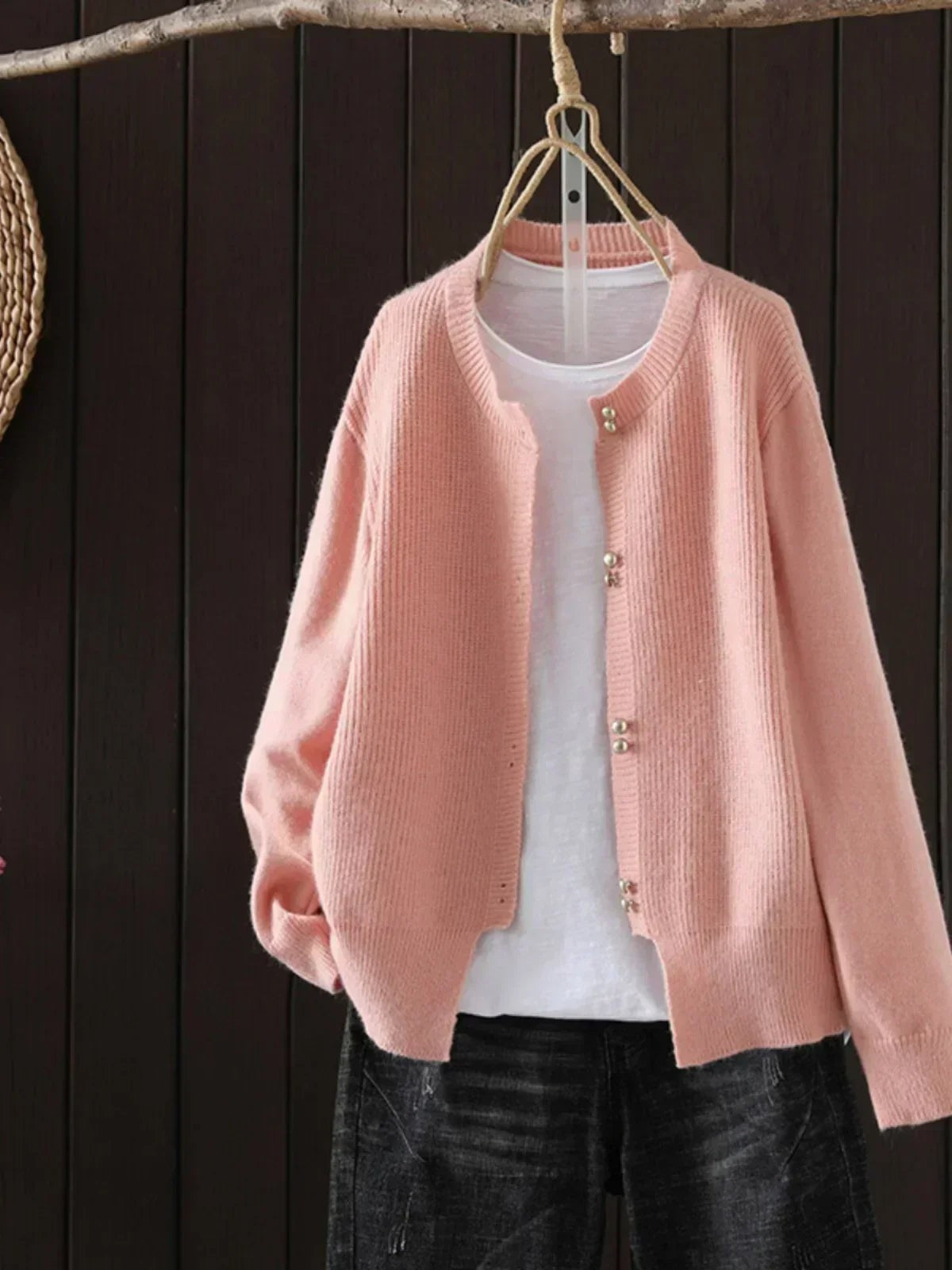 Pink ribbed pearl button cardigan