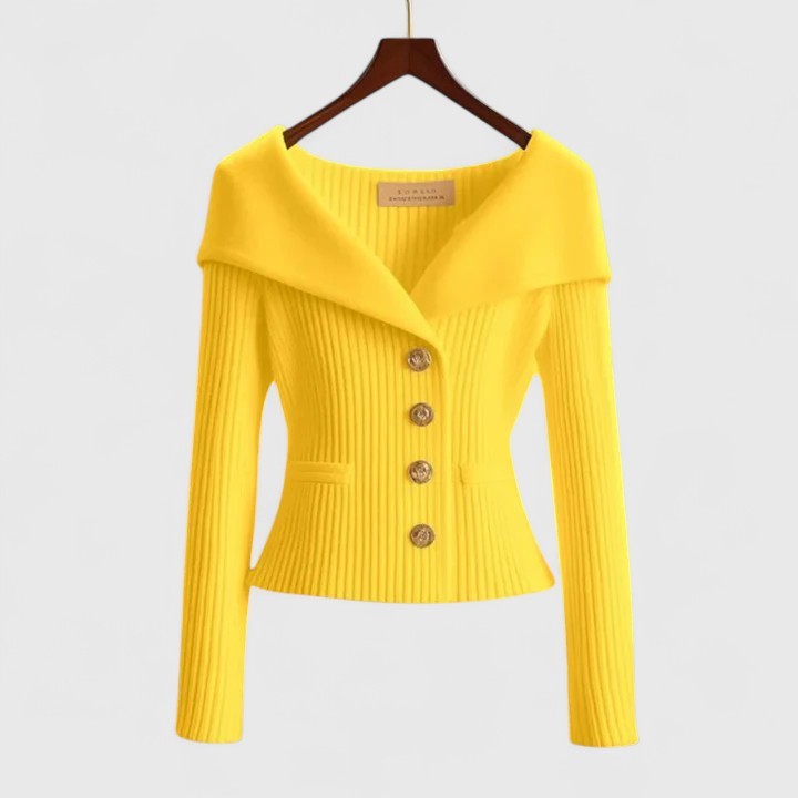 Yellow ribbed portrait collar cardigan