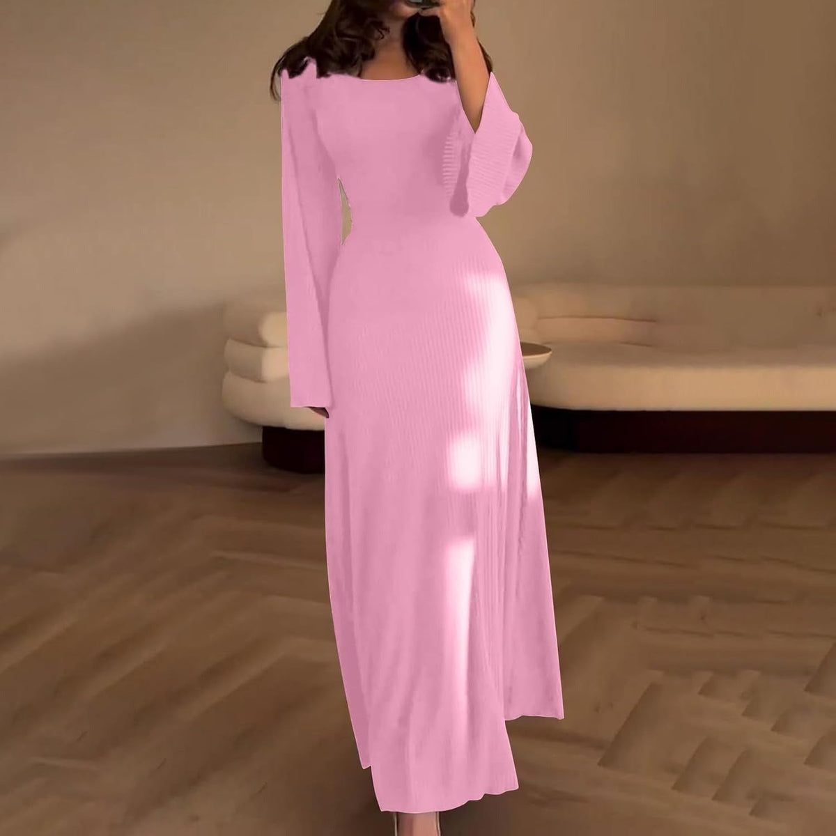 Pink ribbed square neck maxi dress