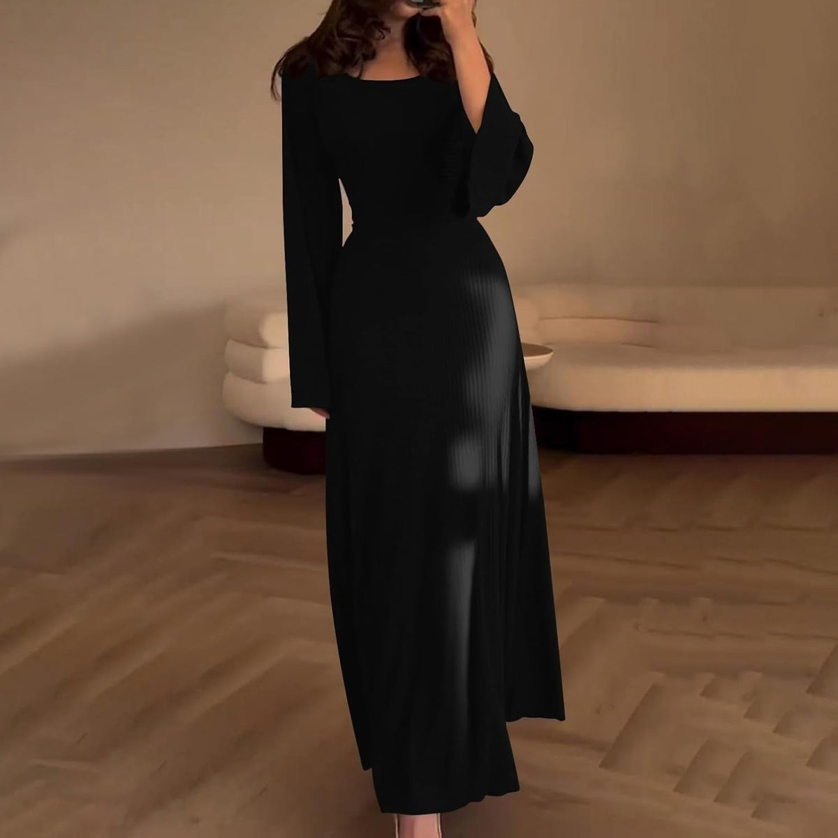 Black ribbed square neck maxi dress