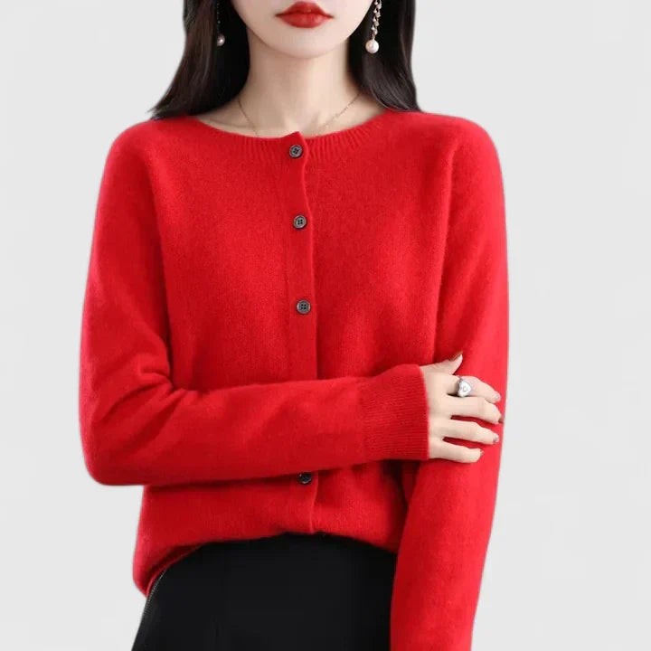 Red round neck button cardigan