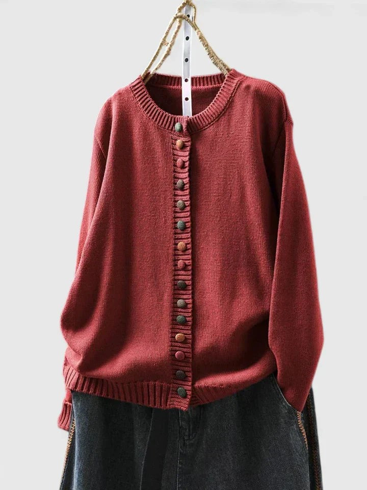 Red round-neck button-front cardigan