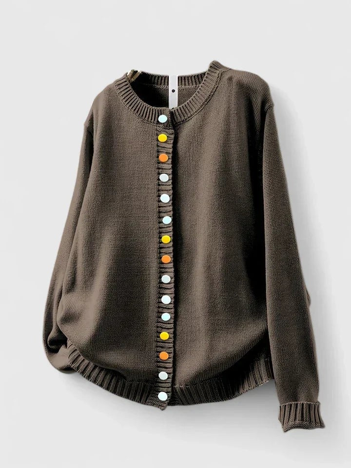 Brown round-neck button-front cardigan