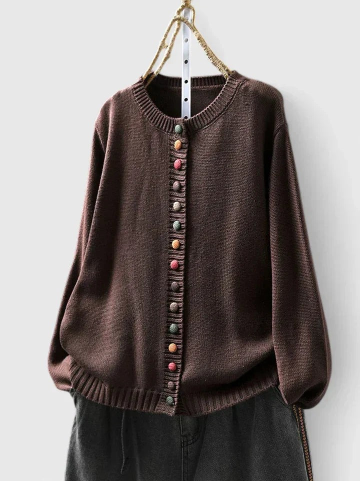 Dark Brown round-neck button-front cardigan