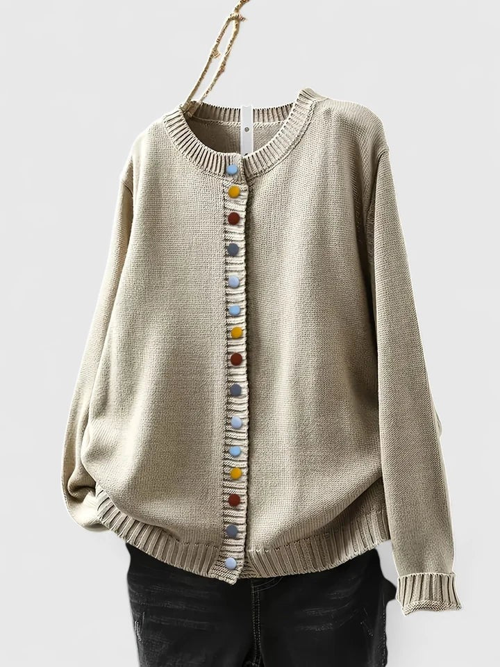 Beige round-neck button-front cardigan