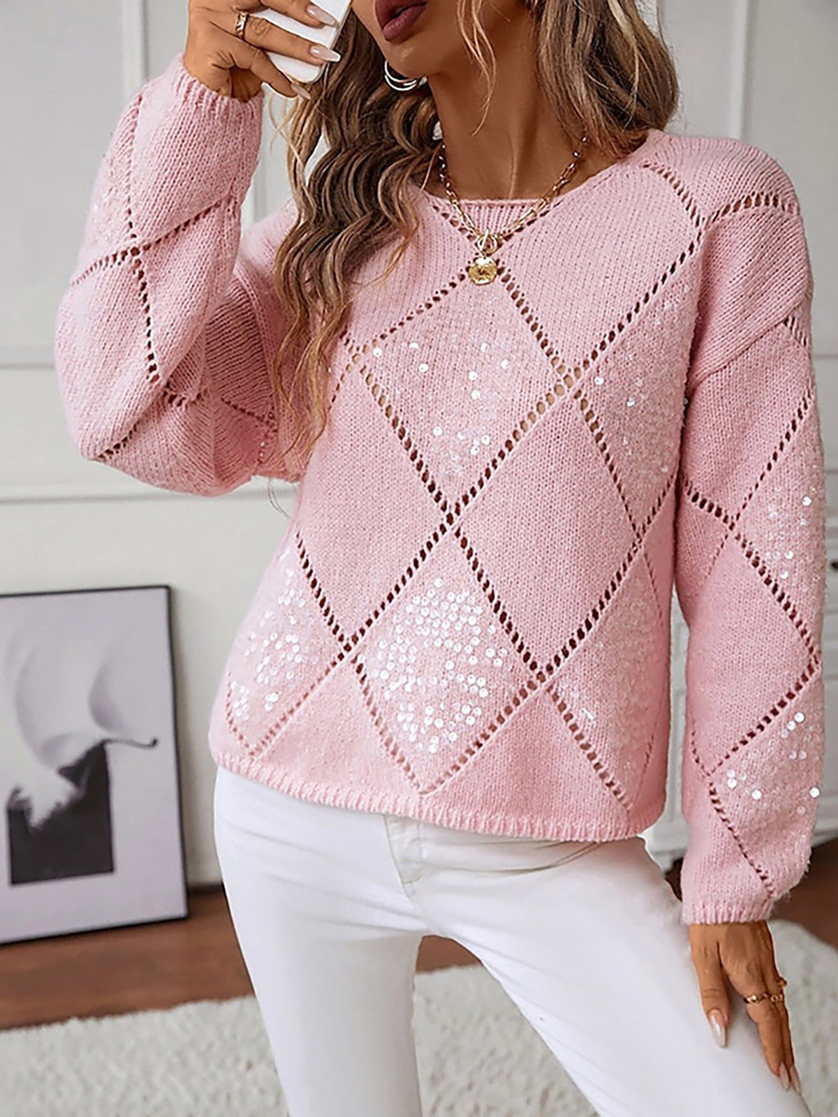 Sequin diamond-knit jumper