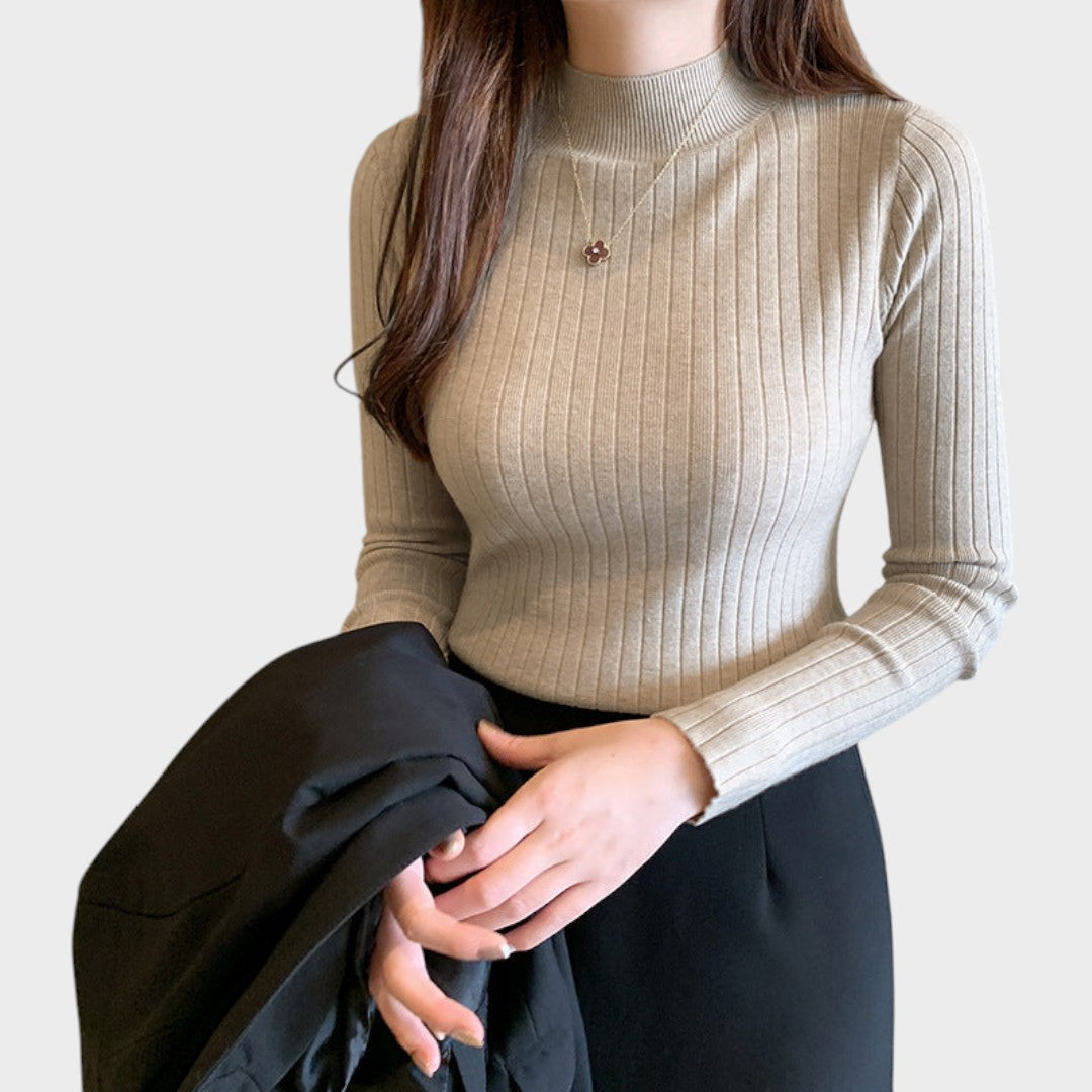 Khaki slim-fit mock neck knit top
