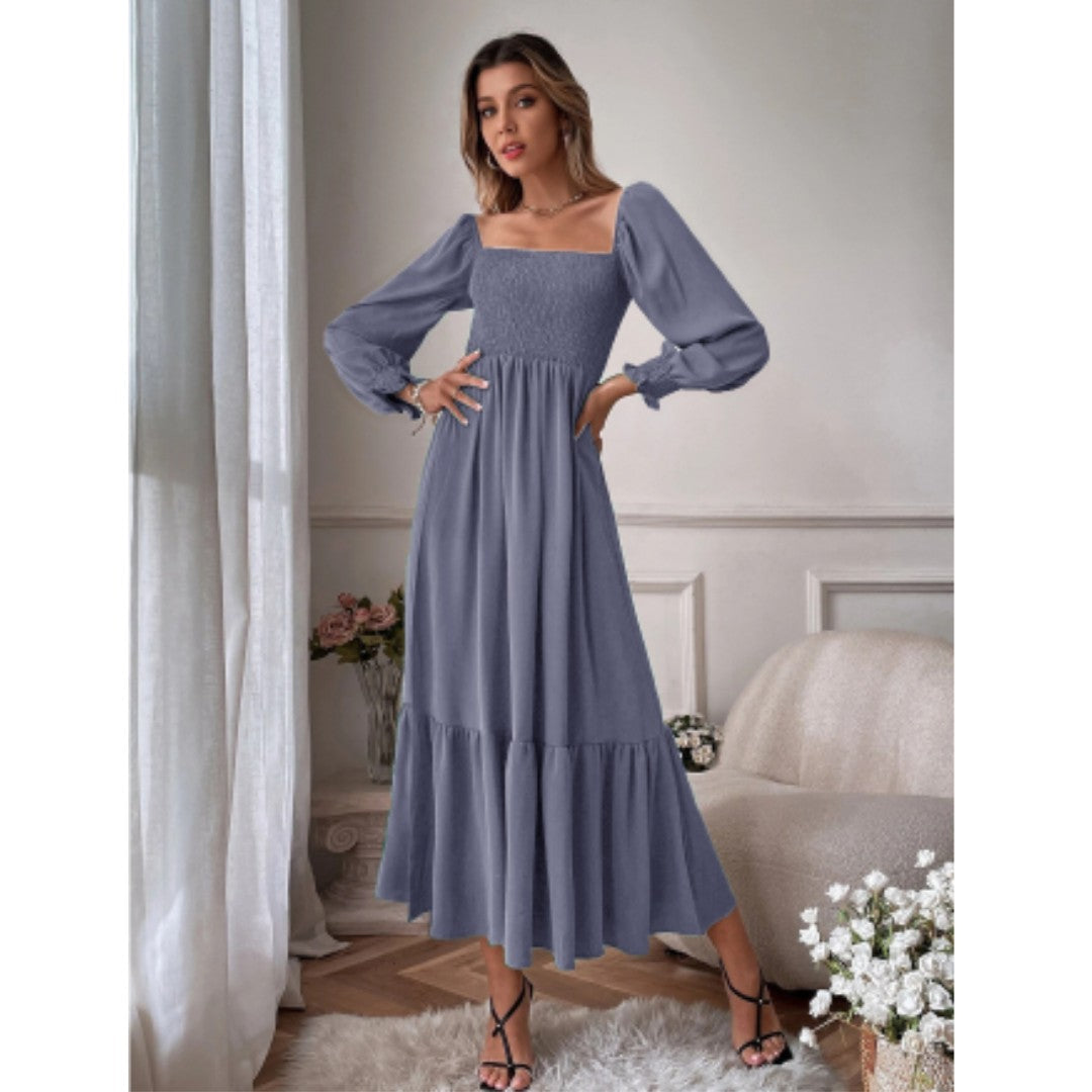 Grey smocked square neck tiered maxi dress