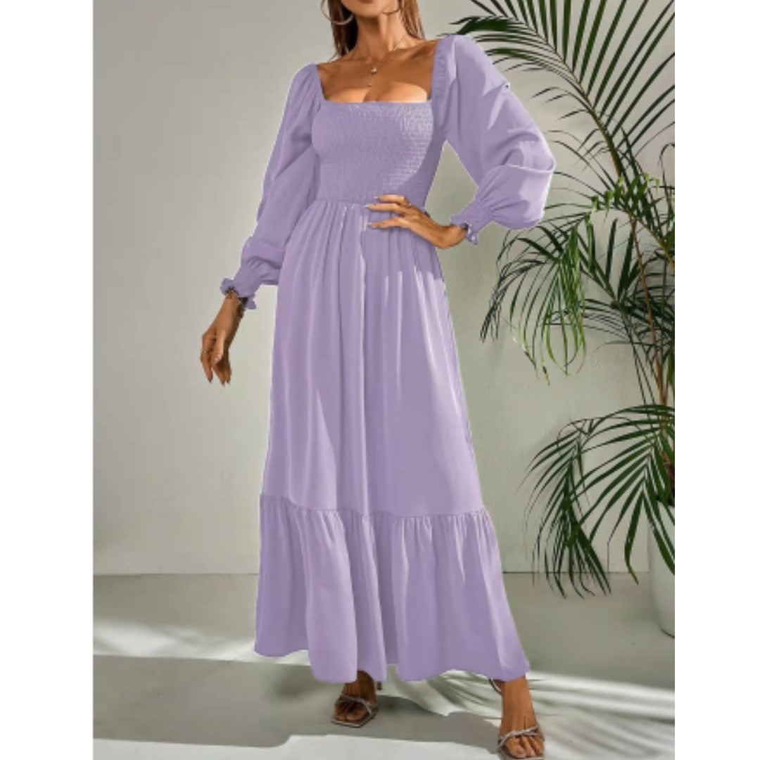 Light Purple smocked square neck tiered maxi dress