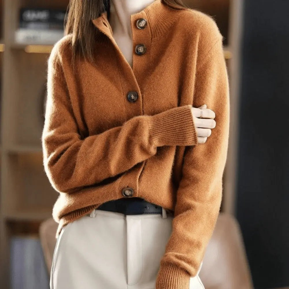 Orange stand-collar button-front cardigan
