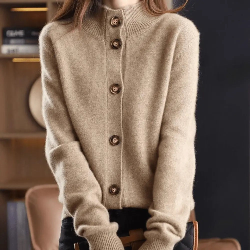 Brown stand-collar button-front cardigan