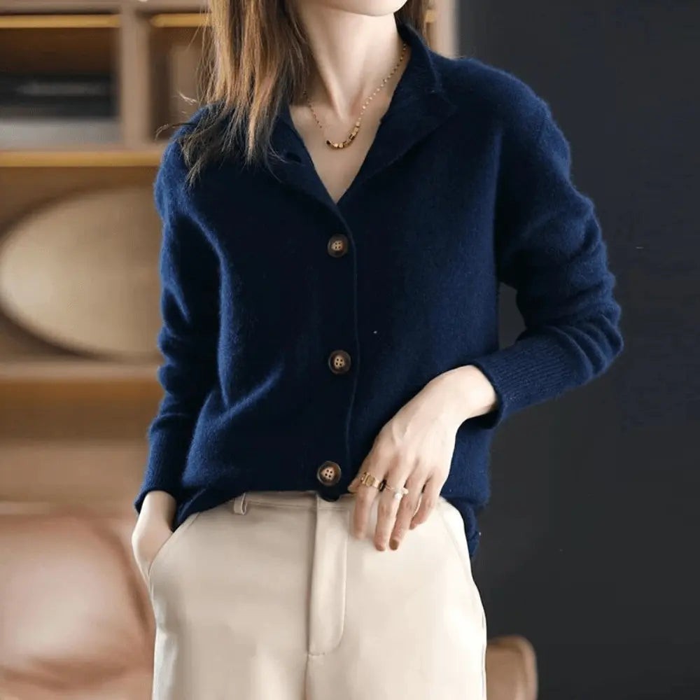 Navy Blue stand-collar button-front cardigan
