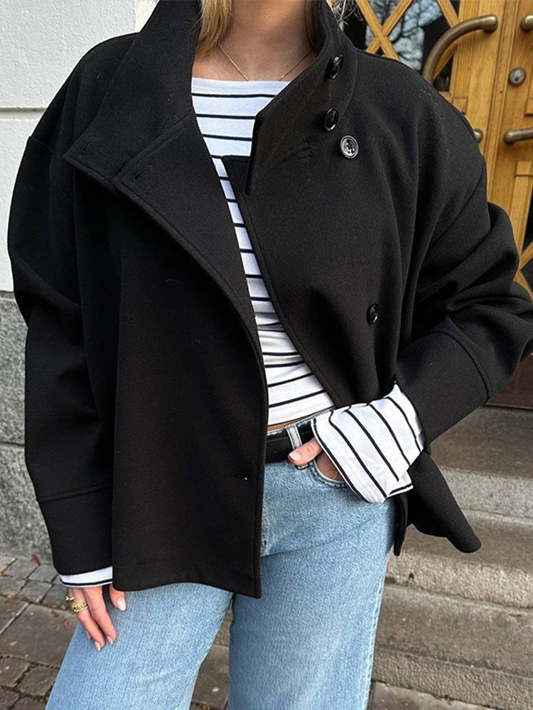 Black stand collar wool jacket