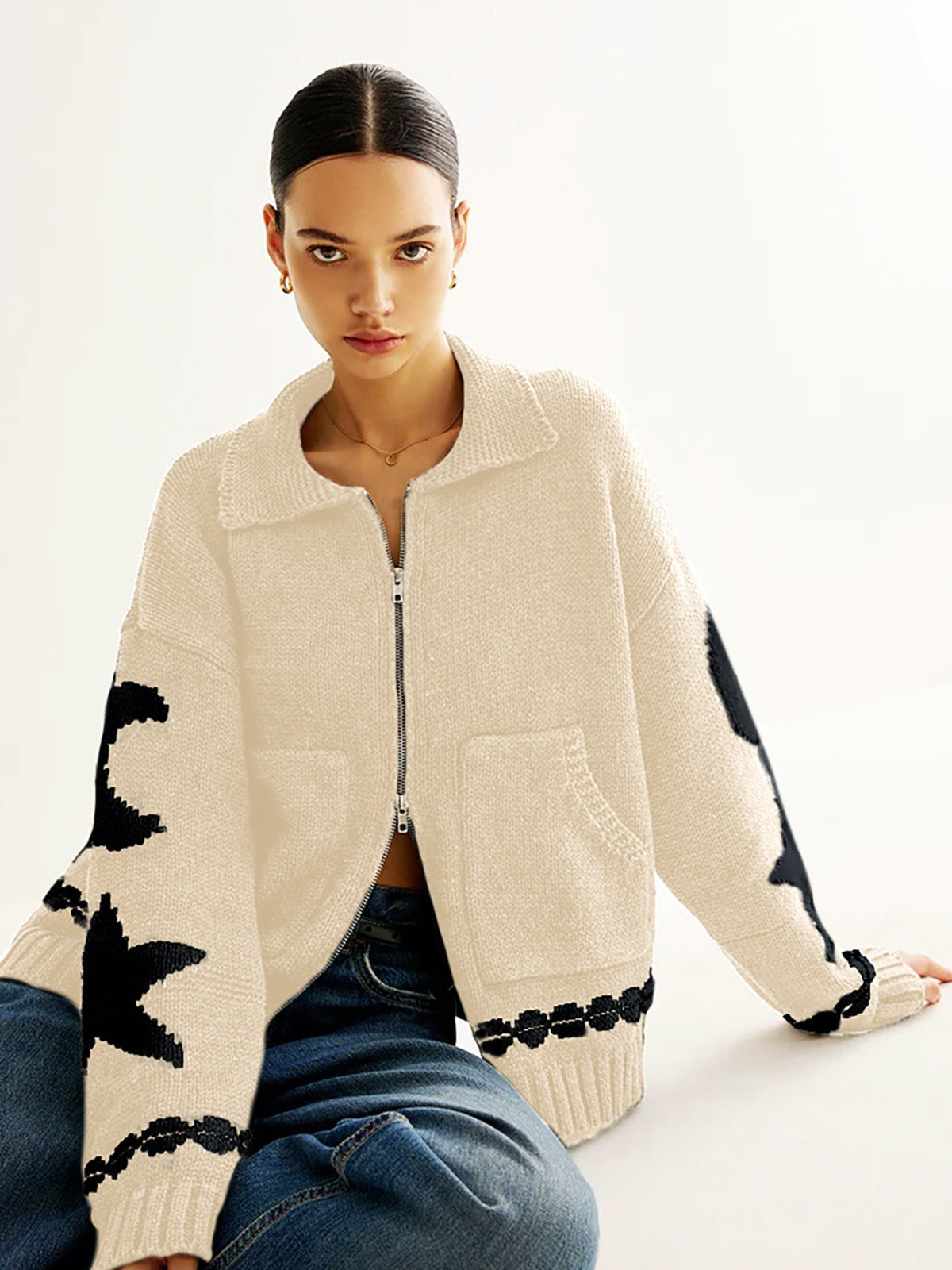 Apricot star-motif zip-up cardigan