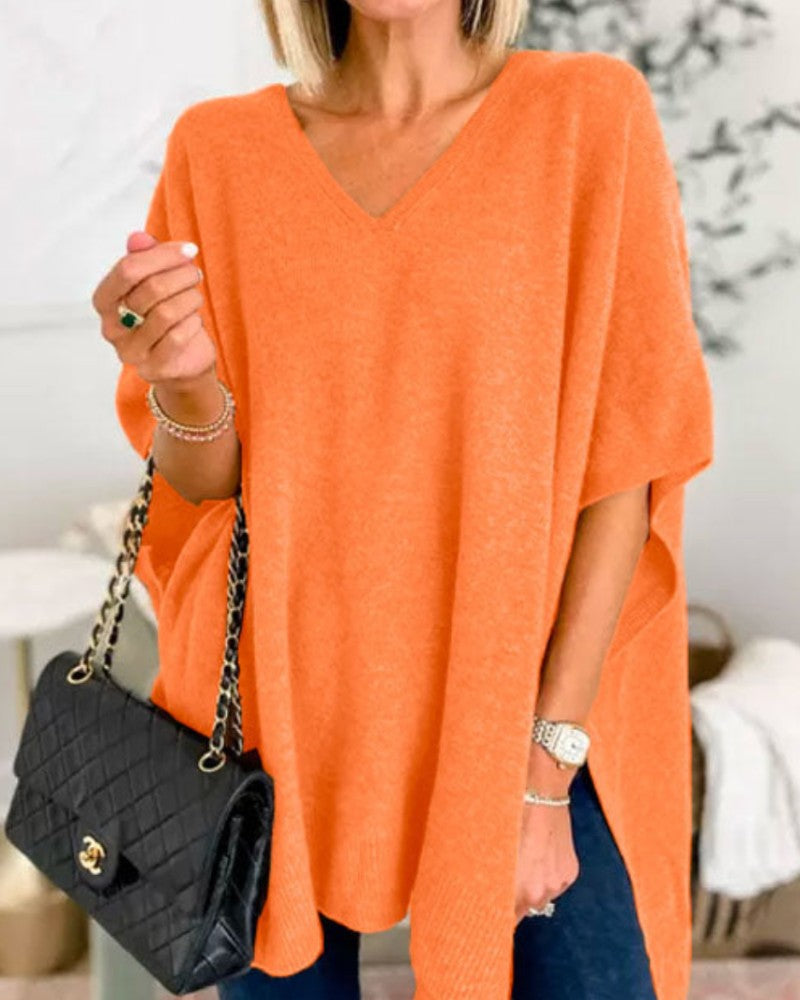 Orange v-neck wool blend cape poncho