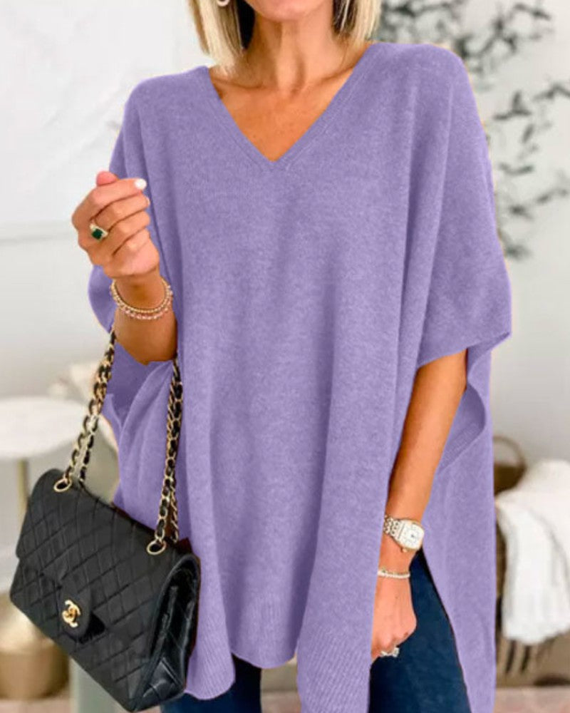 Purple v-neck wool blend cape poncho